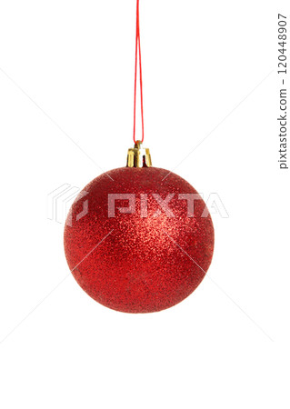 Red christmas ball isolated on white background. Creative New Year concept. Red christmas ball isolated on white background. Creative New Year concept. 120448907