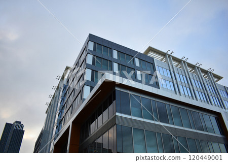 Colorful glass skyscrapers, building facades, minimalistic cityscape, modern architecture 120449001