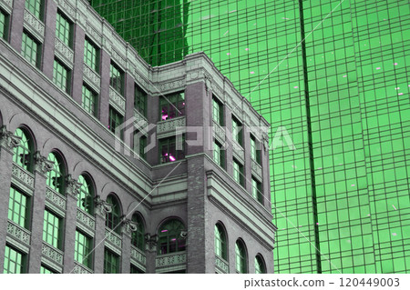 Colorful glass skyscrapers, building facades, minimalistic cityscape, modern architecture 120449003