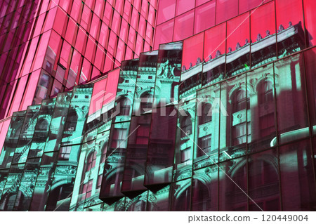 Colorful glass skyscrapers, building facades, minimalistic cityscape, modern architecture 120449004