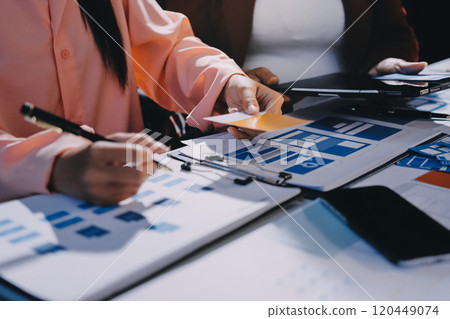 Young Asian business creative team work together, mobile application software design project. Brainstorm meeting, internet technology, smartphone web app designer, office coworker teamwork concept 120449074