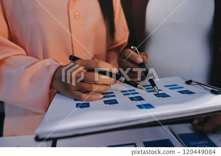 Young Asian business creative team work together, mobile application software design project. Brainstorm meeting, internet technology, smartphone web app designer, office coworker teamwork concept 120449084