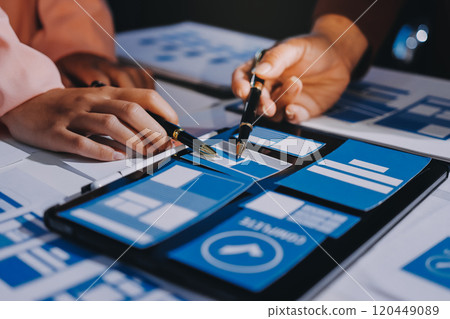 Young Asian business creative team work together, mobile application software design project. Brainstorm meeting, internet technology, smartphone web app designer, office coworker teamwork concept 120449089