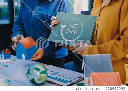 ESG environmental social governance display on laptop on eco-friendly company meeting with business people implementing environmental protection for clean and sustainable future ecology. Trailblazing 120449093