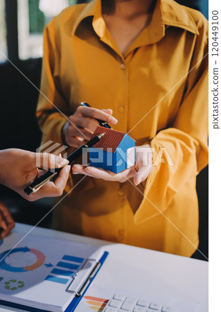 ESG environmental social governance display on laptop on eco-friendly company meeting with business people implementing environmental protection for clean and sustainable future ecology. Trailblazing 120449100