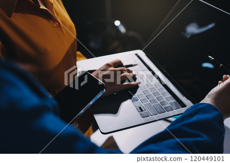 ESG environmental social governance display on laptop on eco-friendly company meeting with business people implementing environmental protection for clean and sustainable future ecology. Trailblazing 120449101