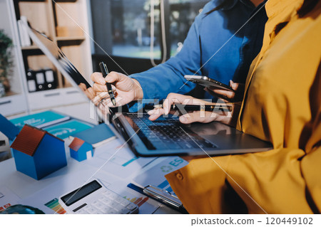 ESG environmental social governance display on laptop on eco-friendly company meeting with business people implementing environmental protection for clean and sustainable future ecology. Trailblazing 120449102