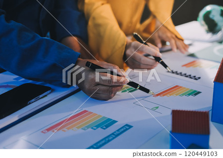 ESG environmental social governance display on laptop on eco-friendly company meeting with business people implementing environmental protection for clean and sustainable future ecology. Trailblazing 120449103