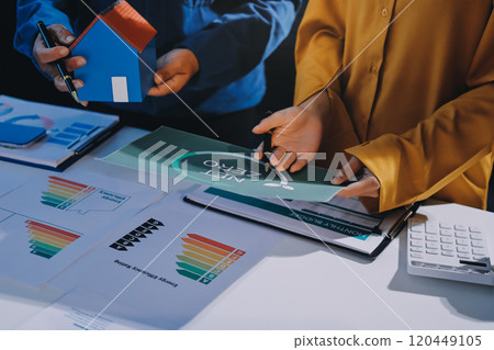 ESG environmental social governance display on laptop on eco-friendly company meeting with business people implementing environmental protection for clean and sustainable future ecology. Trailblazing 120449105