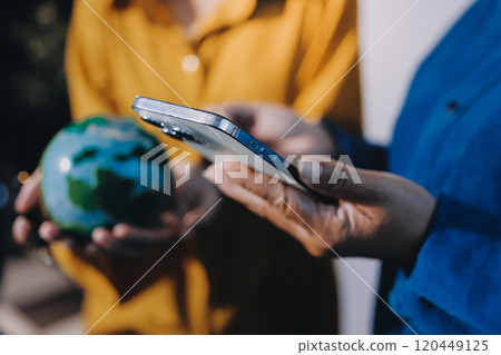 ESG environmental social governance display on laptop on eco-friendly company meeting with business people implementing environmental protection for clean and sustainable future ecology. Trailblazing 120449125