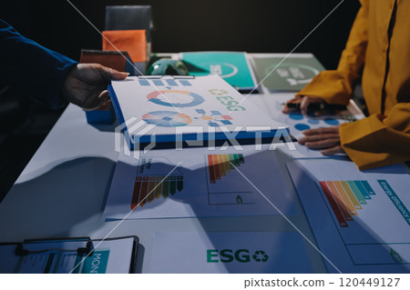 ESG environmental social governance display on laptop on eco-friendly company meeting with business people implementing environmental protection for clean and sustainable future ecology. Trailblazing 120449127