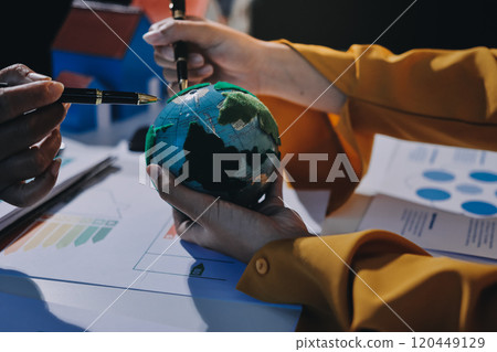 ESG environmental social governance display on laptop on eco-friendly company meeting with business people implementing environmental protection for clean and sustainable future ecology. Trailblazing 120449129
