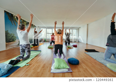 Senior Women Embrace Wellness: Yoga and Stretching in a Sunlit Space 120449161