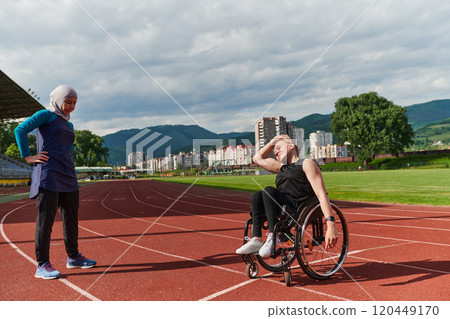 Two strong and inspiring women, one a Muslim wearing a burka and the other in a wheelchair stretching and preparing their bodies for a marathon race on the track 120449170