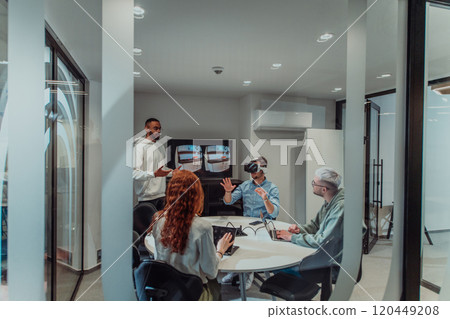 A diverse group of businessmen collaborates and tests a new virtual reality technology, wearing virtual glasses, showcasing innovation and creativity in their futuristic workspace A diverse group of businessmen collaborates and tests a new virtual reality technology, wearing virtual glasses, showcasing innovation and creativity in their futuristic workspace 120449208