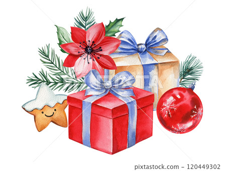 Holiday gifts and decorations with watercolor style, featuring poinsettia, ornaments, pine branches, star gingerbread 120449302