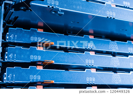 detail trays with hard drives inside data cloude center 120449326