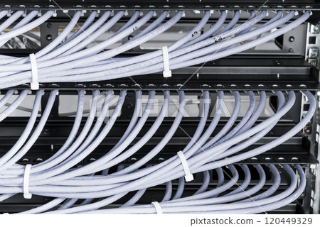 large group of UTP cables, Ethernet cables in rack cabinet, lead 120449329