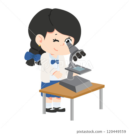 cartoon girl looking through a microscope 120449559