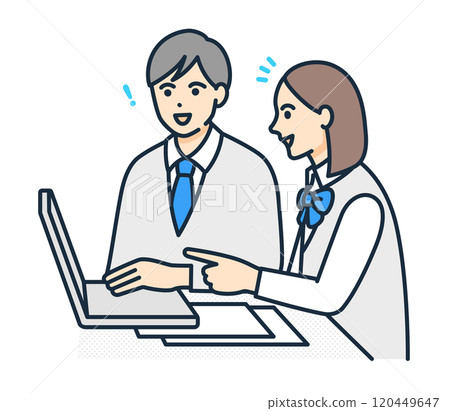 A male and female student are studying together on a computer. Illustration of a student studying. A male and female student are studying together on a computer. Illustration of a student studying. 120449647
