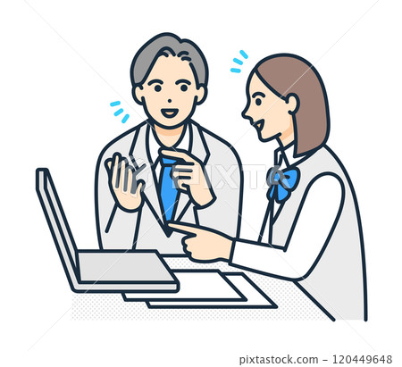 使用計算機的課程。一名高中女生和她的老師一起學習的插畫材料。 使用計算機的課程。一名高中女生和她的老師一起學習的插畫材料。 120449648