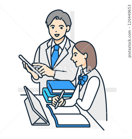 The teacher uses a tablet to teach. Illustration of a girl studying seriously. 120449653