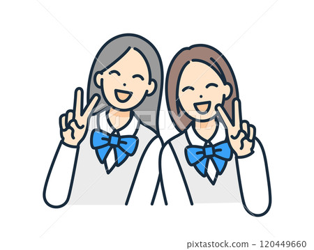 一名女高中生做出和平手勢。向量圖的一個女孩和她的同學一起燦爛地微笑。 一名女高中生做出和平手勢。向量圖的一個女孩和她的同學一起燦爛地微笑。 120449660