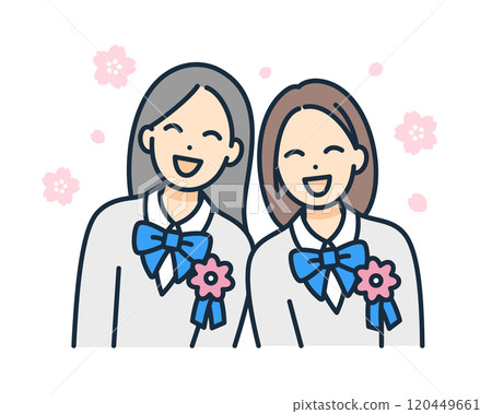 4月慶祝入學典禮的女孩。胸前戴著胸花的高中女生的向量插圖。 120449661