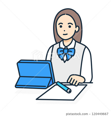 A teenage student doing homework using a tablet. Vector illustration of a girl studying. 120449667