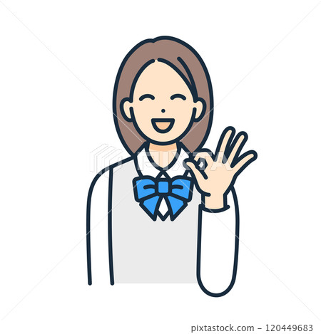 A girl smiling and making an OK sign with her hand. Vector illustration of a woman in a uniform. 120449683
