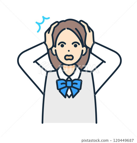 Illustration of a girl in uniform holding her head. Vector image of a panicked student. Illustration of a girl in uniform holding her head. Vector image of a panicked student. 120449687
