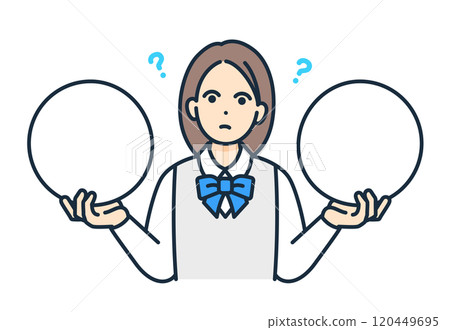 A high school student wearing a blazer is thinking deeply. Vector illustration of a girl who is confused about what to choose. A high school student wearing a blazer is thinking deeply. Vector illustration of a girl who is confused about what to choose. 120449695