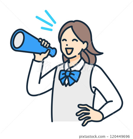 A woman in a school uniform cheers with a megaphone. Vector illustration of a girl cheering. 120449696