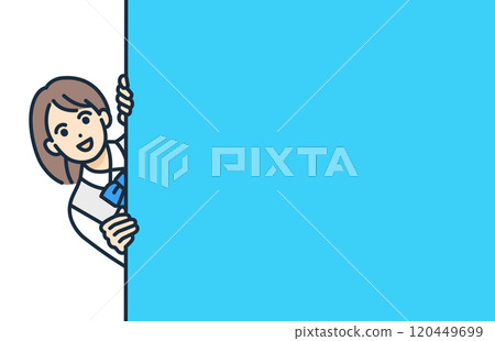 A girl in a school uniform peers in. Vector illustration of a high school girl peeking out from behind a wall. 120449699
