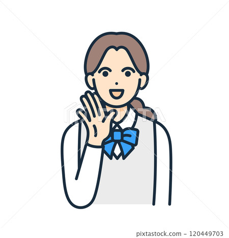Illustration of a teenage girl calling out. Line drawing vector illustration of a girl in a school uniform. Illustration of a teenage girl calling out. Line drawing vector illustration of a girl in a school uniform. 120449703