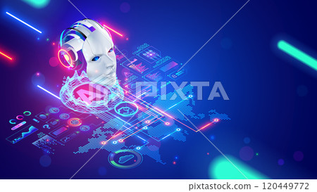 AI chat bot technology concept. Robot, chat bot head hanging over digital map of world. Development Artificial intelligence support service. AI chatbot support online users all world through internet. 120449772
