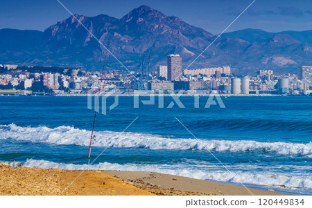 Fishing rod equipment on beach. Fishing rod equipment on beach. 120449834