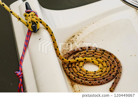 Cleat with line on boat. Yacht detail 120449867