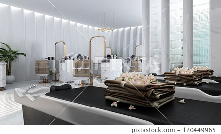 Modern Salon Shampoo Beds in Luxury Hair Salon Interior, 3D Rendering 120449965