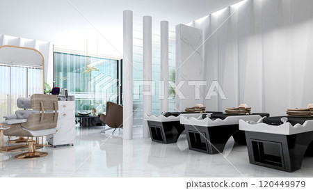 Modern Salon Shampoo Beds in Luxury Hair Salon Interior, 3D Rendering 120449979