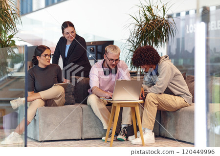 In a modern startup office, a diverse group of young professionals collaboratively tackles various business problems and challenges, surrounded by their engaged colleagues, fostering innovation and 120449996