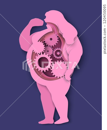 Overweight woman silhouette with gears of digestive system mechanism Overweight woman silhouette with gears of digestive system mechanism 120450095