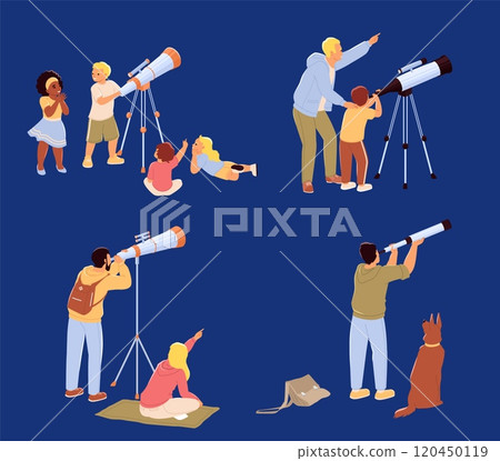 Diverse people characters looking through telescope set 120450119