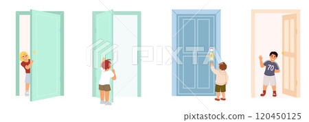 Cute small kids knocking, opening, peeking out doors set 120450125