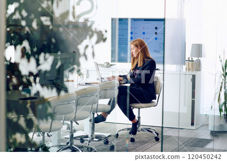 Businesswoman Working on Projects in Modern Glass Office Environment. 120450242