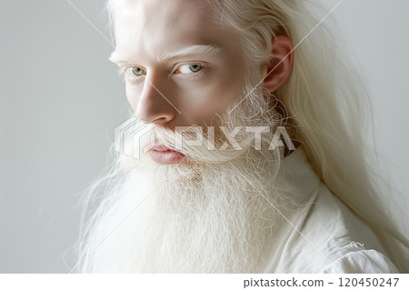 young albino man with white hair and beard, wearing white clothes on a white background, fashionable portrait 120450247