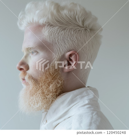 young albino man with white hair and beard, wearing white clothes on a white background, fashionable portrait 120450248