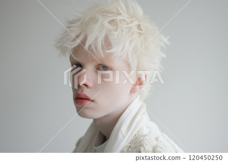 fashionable portrait of a young albino man on a white background 120450250