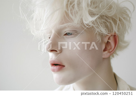 fashionable portrait of a young albino man on a white background 120450251