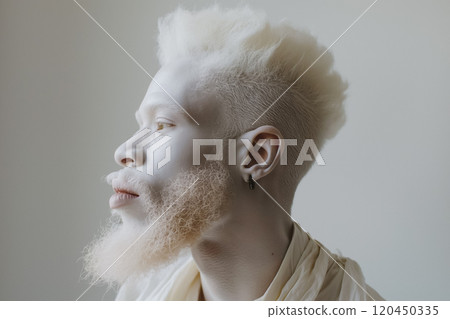 young albino man with white hair and beard, wearing white clothes on a white background, fashionable portrait 120450335